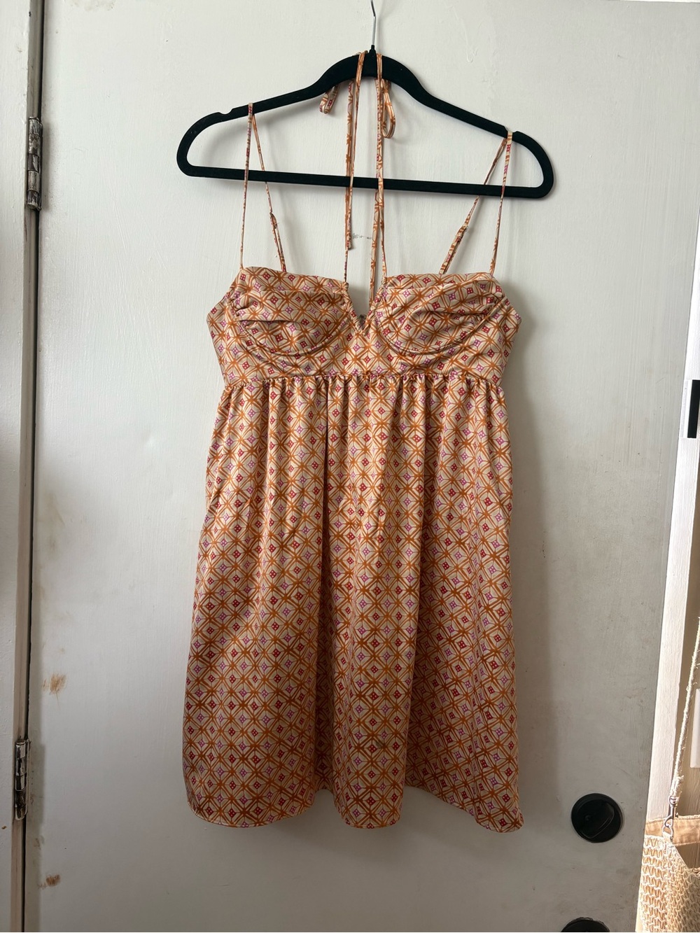 BCBGeneration Y2K orange and pink Geo-Print Spaghetti Strap Mini babydoll Dress